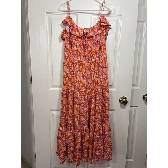 J. Crew L Tiered Maxi Dress Orange Floral Print Sleeveless Ruffle Wedding Guest - Picture 3 of 12